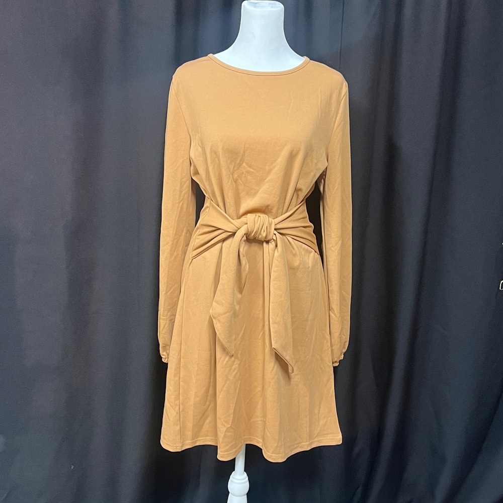 NWT- Tan Long Sleeve Dress with Tie Front, size medium